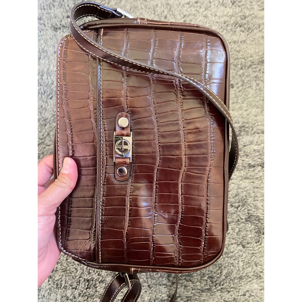 Giani Bernini Brown Crocodile Embossed Crossbody Organizer Bag Silver Hardware